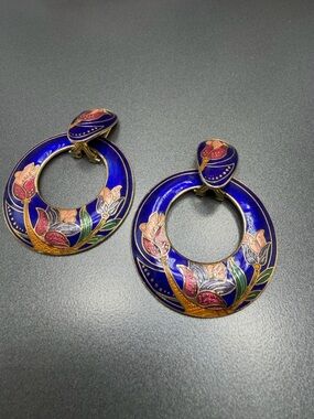 Vintage Cloisonné Convertible Pierced earrings Blue Design